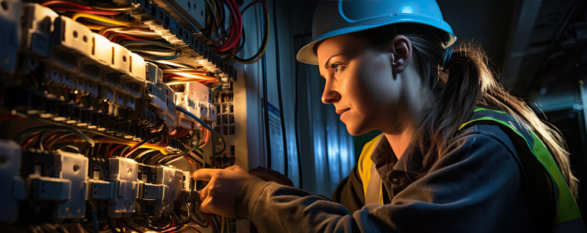 Electrician Woman Installing A Electric Switchboard System,