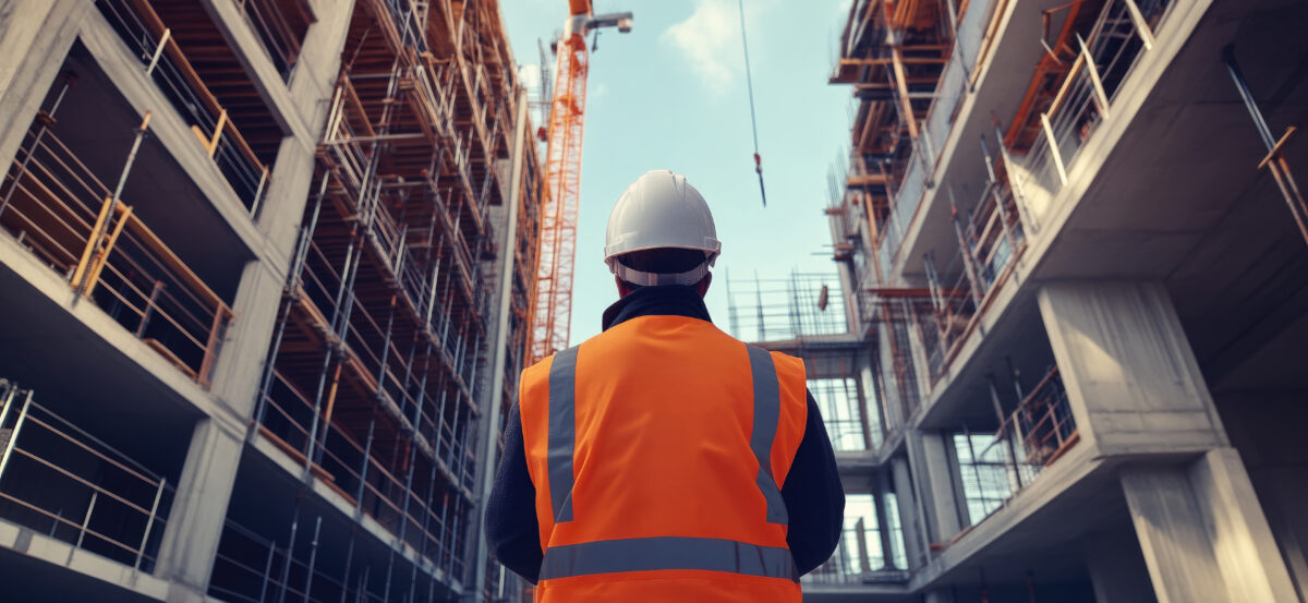 Builder In Protective Gear At Active Construction Location