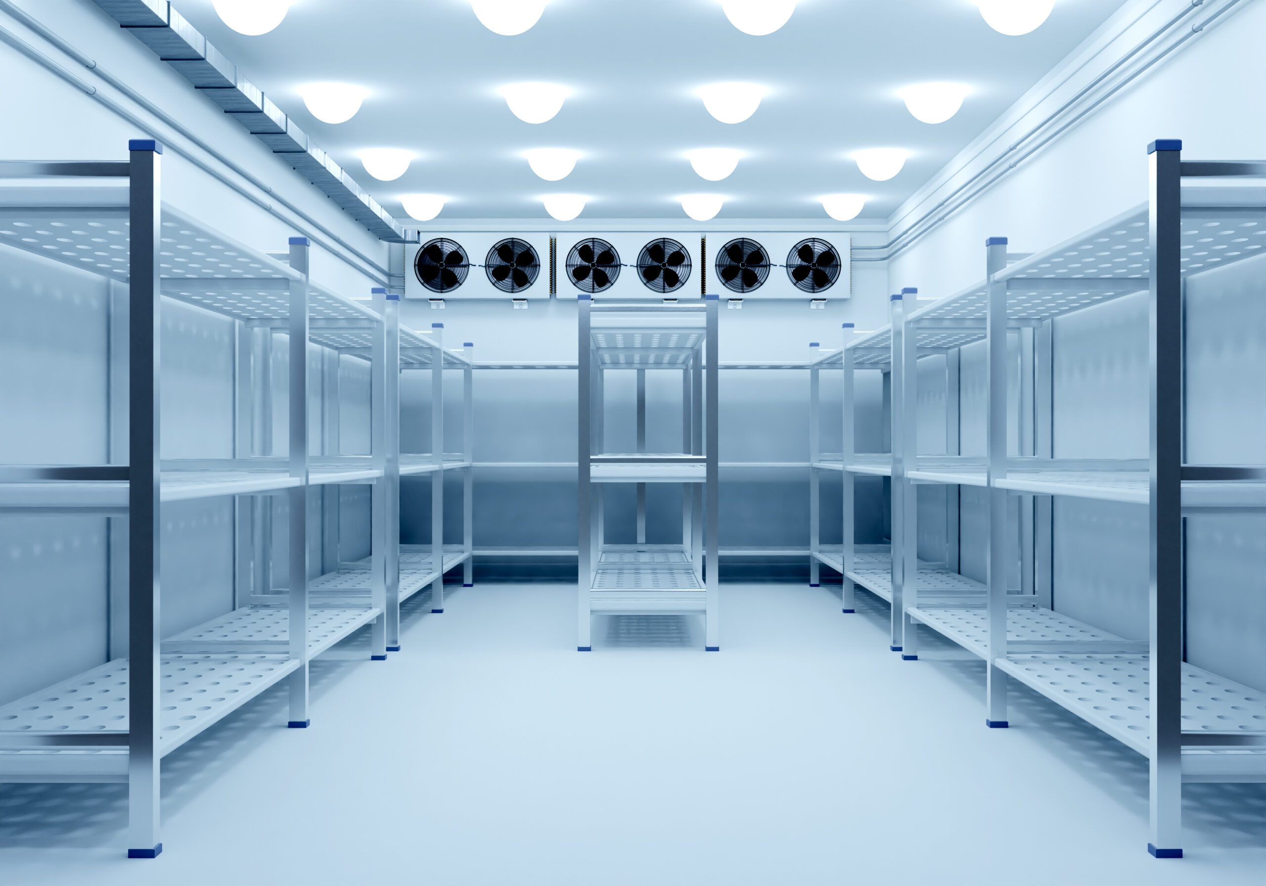 Refrigeration chamber for food storage. A warehouse with metal shelves. 3d image