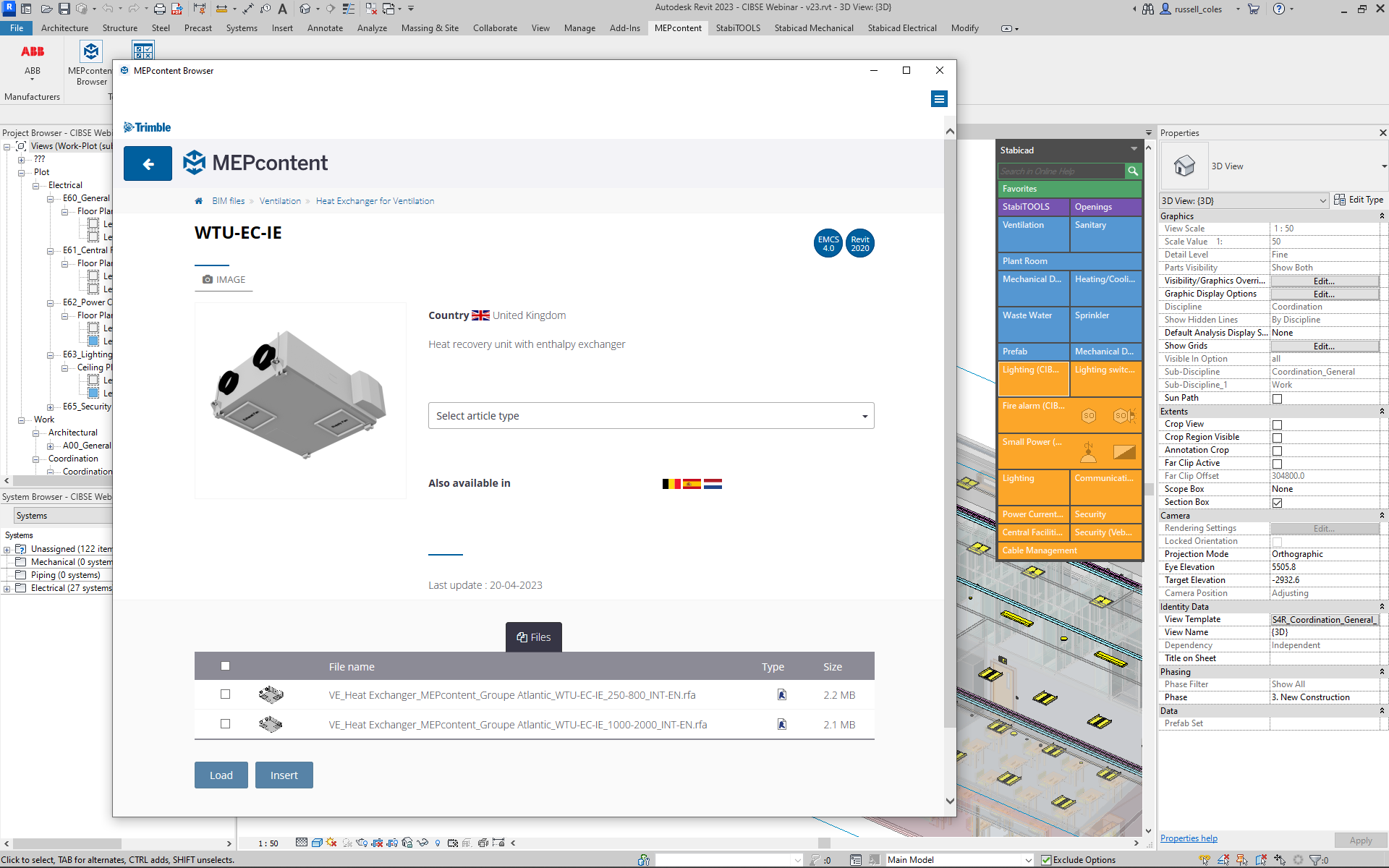 Stabicad MEPcontent browser showing verified mechanical and electrical components